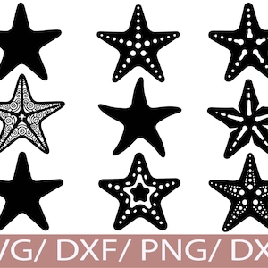 Peut inclure: Neuf motifs d'étoiles de mer noires sur fond blanc. Les étoiles de mer ont des styles variés, certaines sont pleines, d'autres avec des motifs de points ou des motifs tourbillonnants complexes. Le texte "SVG/ DXF/ PNG/ DXF" est affiché en bas de l'image.