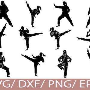May include: Black silhouette illustrations of a person performing various karate moves. The person is wearing a karate uniform and is in different action poses, including kicks and punches. The bottom of the image has the text "SVG/ DXF/ PNG/ EPS".