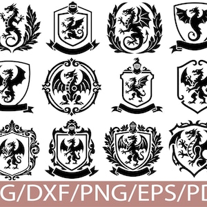 Draksköldvapen SVG Silhuett Bundle Medeltida Heraldisk Fantasy Emblem Set