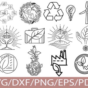 Puede incluir: Una colección de ilustraciones en blanco y negro con temas ambientales y de sostenibilidad. Incluye imágenes de un símbolo de reciclaje, un aerogenerador, una bombilla con una hoja y un globo terráqueo rodeado de hojas. El texto en la parte inferior dice "SVG/DXF/PNG/EPS/PDF".