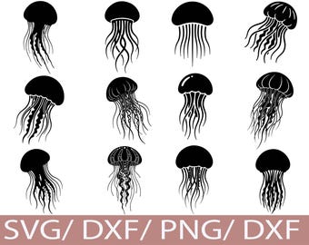 Zestaw sylwetek meduz SVG | Kształty meduz oceanicznych | Sztuka ścienna z motywem życia morskiego