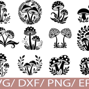 May include: A collection of black and white mushroom illustrations in various designs. Some mushrooms have dotted caps, while others feature intricate patterns. The designs are surrounded by leaves and floral elements, suitable for crafting projects.