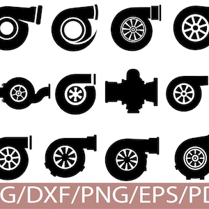 May include: A collection of black turbocharger designs in various styles. The image features multiple illustrations of turbochargers, each with a unique shape and wheel design. The text "SVG/DXF/PNG/EPS/PDF" is displayed at the bottom.