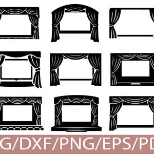Puede incluir: Una colección de nueve diseños de escenarios teatrales en blanco y negro. Cada diseño presenta un marco rectangular con cortinas drapeadas. El texto "SVG/DXF/PNG/EPS/PDF" se muestra en la parte inferior de la imagen.