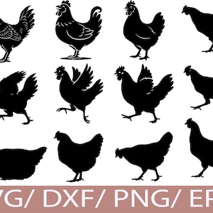 May include: A collection of black chicken silhouettes in various poses, including standing, walking, and flapping wings. The image includes a rooster and several hens, suitable for crafting projects or farm-themed designs.