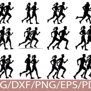 Op de afbeelding: Zwarte silhouetten van hardlopende stellen in verschillende poses. De afbeelding toont meerdere paren hardlopers, elk in volle pas, met een man en een vrouw. De onderkant van de afbeelding toont de tekst "SVG/DXF/PNG/EPS/PDF" in een bruine rechthoek.
