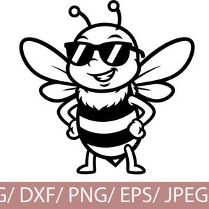 Könnte beinhalten: Schwarz-weiße Cartoon-Illustration einer Biene mit Sonnenbrille. Die Biene hat einen gestreiften Körper, Flügel und lächelt mit den Händen in den Hüften. Der untere Teil des Bildes enthält den Text "SVG / DXF / PNG / EPS / JPEG / AI".