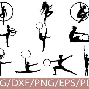 Può includere: Illustrazioni di silhouette nere di ginnaste che si esibiscono con i cerchi. Le figure sono in varie pose, tra cui equilibrio, salto e tenuta di cerchi. Il testo "SVG/DXF/PNG/EPS/PDF" è in basso in un rettangolo marrone.