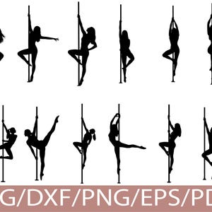 Op de afbeelding: Zwarte silhouetbeelden van vrouwen in verschillende poses op een paal. De poses omvatten klimmen, hangen en balanceren. De tekst "SVG/DXF/PNG/EPS/PDF" staat onderaan de afbeelding.