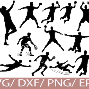 Könnte beinhalten: Schwarze Silhouette-Illustrationen von Handballspielern in verschiedenen Posen, wie Springen und Werfen. Der Text "SVG/ DXF/ PNG/ EPS" am unteren Rand zeigt die Dateiformate an.