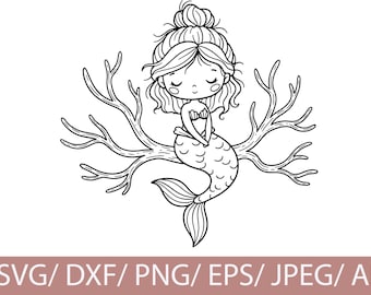 Kawaii sjöjungfru SVG, linjekonst silhuett klippfil (digital nedladdning)