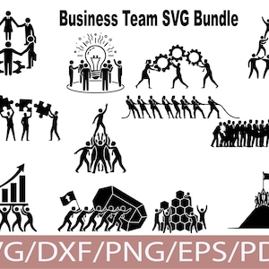 May include: A collection of black and white SVG graphics illustrating teamwork and business concepts. The images include people working together, holding puzzle pieces, and pulling ropes. Text at the top reads "Business Team SVG Bundle."