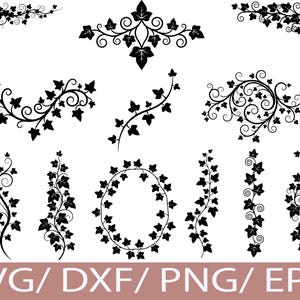 May include: A collection of black ivy leaf designs in various shapes, including corners, borders, and a circular frame. The designs are suitable for digital crafting projects. The image includes the text "SVG/DXF/PNG/EPS".