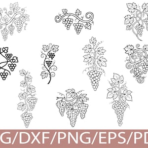 May include: A collection of black and white grape vine designs. Each design features clusters of grapes, leaves, and vines in various arrangements. The designs are suitable for crafting projects and digital art.