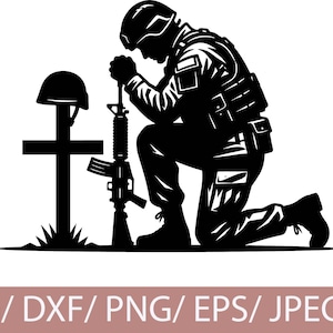 May include: A black and white silhouette depicts a soldier kneeling in prayer, wearing combat gear. A rifle, helmet, and cross are positioned nearby, symbolising remembrance and sacrifice. The image conveys themes of military service and memorial.
