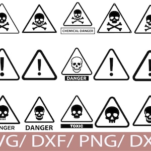 Puede incluir: Una colección de señales de advertencia en blanco y negro en forma triangular. Los letreros presentan calaveras y huesos cruzados, signos de exclamación y las palabras "Peligro químico", "Peligro" y "Tóxico". La parte inferior de la imagen tiene el texto "SVG/DXF/PNG/DXF".