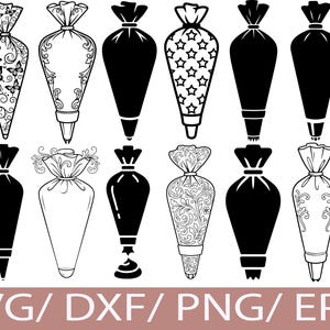 May include: A collection of twelve piping bag designs in black and white. Some bags feature butterfly, star, and floral patterns. The image includes the text "SVG / DXF / PNG / EPS" in a light brown color.
