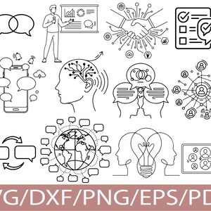 Puede incluir: Ilustraciones en blanco y negro de conceptos de comunicación y tecnología. Incluye bocadillos, un teléfono inteligente, un apretón de manos, una persona presentando y un mapa del mundo con bocadillos. El texto "SVG/DXF/PNG/EPS/PDF" está en la parte inferior.