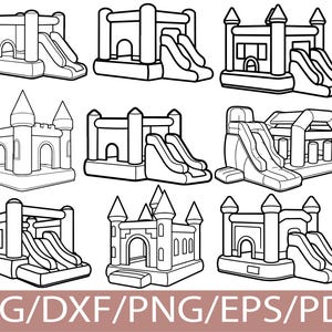 Könnte beinhalten: Schwarz-Weiß-Illustrationen verschiedener aufblasbarer Hüpfburgen und Rutschen. Die Designs umfassen Türme und gewölbte Eingänge. Der untere Teil des Bildes enthält den Text "SVG/DXF/PNG/EPS/PDF".