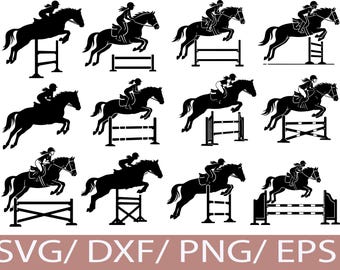 May include: A collection of black silhouette images of equestrian show jumping. Each image features a horse and rider clearing a jump. The jumps vary in design, and the riders are in various positions. The bottom of the image has the text "SVG / DXF / PNG / EPS".