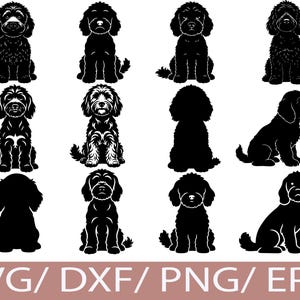 May include: A collection of black dog illustrations in various poses, including sitting and side profiles. The dogs have fluffy fur and are depicted in a silhouette style. The bottom of the image displays the text "SVG/ DXF/ PNG/ EPS".