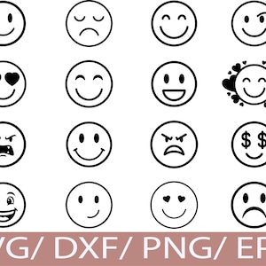 May include: A collection of black and white emoji faces, each with a different expression. The emojis include smiling, sad, angry, and loving faces. The bottom of the image displays the text "SVG / DXF / PNG / EPS".