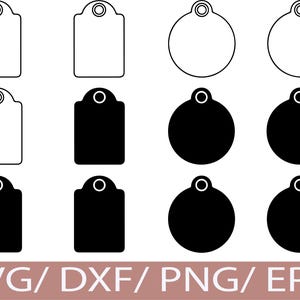 Puede incluir: Una colección de diseños de etiquetas de regalo y círculos en blanco y negro. Las etiquetas tienen una parte superior redondeada con un agujero para ensartar. Los círculos son negros sólidos o delineados. La parte inferior de la imagen tiene el texto "SVG / DXF / PNG / EPS".
