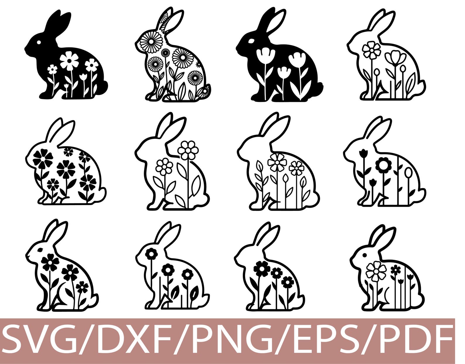 Floral Bunny SVG Silhouette Bundle Easter Rabbit Flower Outline Set - Etsy