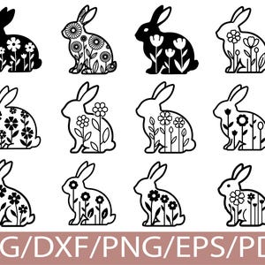 May include: Twelve rabbit silhouettes with floral patterns, some solid black, others outlined in white. The rabbits are in different poses. The image includes the text "SVG/DXF/PNG/EPS/PDF" at the bottom, suitable for digital crafting projects.
