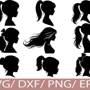 May include: A collection of nine black silhouette images of girls with various hairstyles, including ponytails, buns, and flowing hair. The text "SVG/DXF/PNG/EPS" is displayed at the bottom of the image.