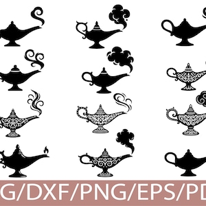 Può includere: Una collezione di sagome nere di lampade di genio in vari design, alcune con effetti di fumo o vapore. Le lampade variano nei dettagli, alcune presentano motivi decorati. L'immagine include il testo "SVG/DXF/PNG/EPS/PDF" in basso.