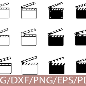 May include: A collection of twelve clapperboard icons in black and white. Some are outlined, while others are solid black. The clapperboards have a hinged top with diagonal stripes. The bottom of the image has the text "SVG/DXF/PNG/EPS/PDF".