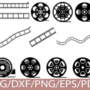 Puede incluir: Ilustraciones en blanco y negro de carretes de película y tiras de película. La imagen incluye varios diseños de carretes y tiras de película, algunos rectos y otros curvos. El texto "SVG/DXF/PNG/EPS/PDF" está en la parte inferior.