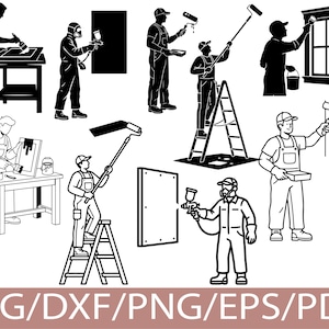 May include: A collection of black and white vector illustrations depicting various painters and construction workers using tools like rollers, brushes, and spray guns. The text SVG/DXF/PNG/EPS/PDF is displayed at the bottom of the image.