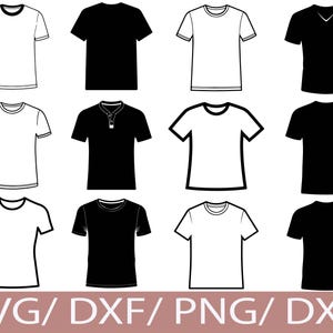 Könnte beinhalten: Eine Sammlung von schwarz-weißen T-Shirt-Designs. Das Bild zeigt verschiedene Stile, darunter Rundhals-, V-Ausschnitt- und Henley-Shirts. Der Text unten lautet "SVG/ DXF/ PNG/ DXF".