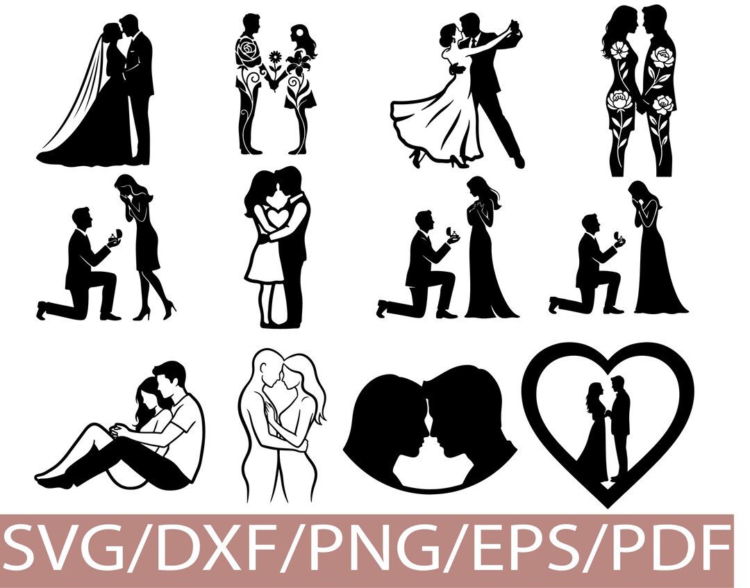 Romantic Couple Proposal SVG Silhouette Bundle, Wedding Love Clipart ...