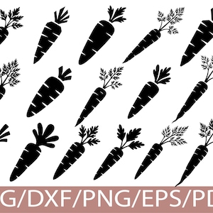 May include: A pattern of black carrot silhouettes with green tops, set against a white backdrop. The image features the text "SVG/DXF/PNG/EPS/PDF" in a brown rectangular box at the bottom.