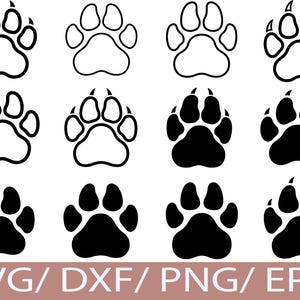 Può includere: Una collezione di disegni di impronte di zampe in bianco e nero. L'immagine presenta vari stili di impronte di zampe, comprese versioni delineate e piene. Il testo "SVG / DXF / PNG / EPS" è visualizzato in basso, indicando i formati di file.