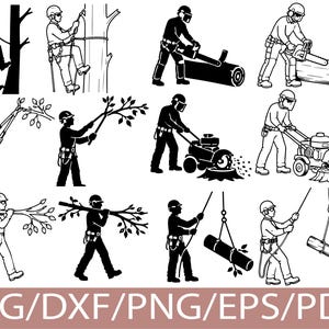 Pode incluir: Uma coleção de ilustrações vetoriais em preto e branco retratando arboristas e trabalhadores florestais realizando tarefas como escalar, cortar troncos, triturar tocos e içar madeira. O texto SVG/DXF/PNG/EPS/PDF está na parte inferior.