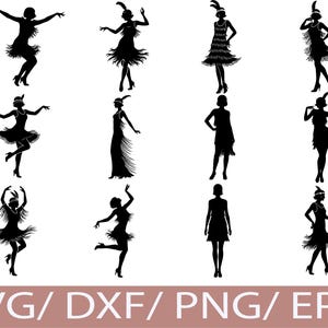 May include: Black silhouette illustrations of flapper dancers in various poses, wearing fringed dresses and headbands. The image includes the text "SVG / DXF / PNG / EPS" at the bottom, indicating file formats for digital designs.