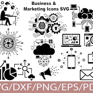 May include: A collection of black and white digital SVG icons related to business and marketing. The design includes a person working on a laptop, charts, graphs, cloud computing, and social media symbols. The text "Business & Marketing Icons SVG" is at the top.