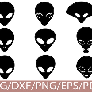 May include: A collection of nine black alien head designs with large, oval eyes on a white background. The alien heads vary in shape and eye style. The bottom of the image includes the text "SVG/DXF/PNG/EPS/PDF" in a brown rectangle.
