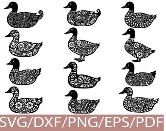 Floral Duck SVG Silhouette Bundle, Decorative Bird Designs for Crafts
