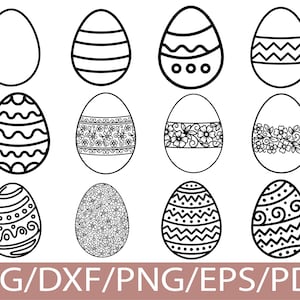 May include: A collection of twelve black and white Easter egg designs. The eggs feature various patterns, including stripes, zigzags, floral designs, and dots. The text "SVG/DXF/PNG/EPS/PDF" is displayed at the bottom.