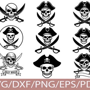 Puede incluir: Diseños de calaveras piratas en blanco y negro con espadas cruzadas. La imagen incluye varias ilustraciones de calaveras con sombreros de pirata y parches en los ojos. Algunos diseños están en círculos, y uno tiene una pancarta que dice "Jolly Roger".