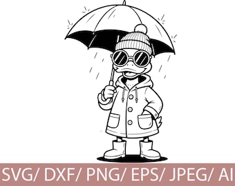 Pato Kawaii com Guarda-Chuva em SVG, Arte Linear de Desenho Animado (Download Digital)