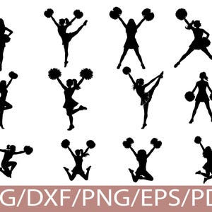 Puede incluir: Imágenes de siluetas negras de animadoras en varias poses, sosteniendo pompones. Las animadoras están en movimiento, con los brazos levantados, las piernas extendidas y saltando. La parte inferior de la imagen tiene el texto "SVG/DXF/PNG/EPS/PDF".