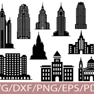 May include: A set of black silhouette illustrations of different buildings, such as skyscrapers and churches. The image features the text "SVG/DXF/PNG/EPS/PDF" at the bottom, indicating the file formats available for download.