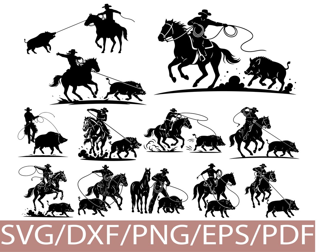 Western Roping Svg Cowboy Roping Wild Boar SVG Silhouette Western Horse Ranch Clipart ...