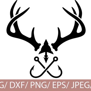 May include: Black graphic design featuring deer antlers, an arrow, and crossed fishing hooks. The text at the bottom reads "SVG/ DXF/ PNG/ EPS/ JPEG/ AI".